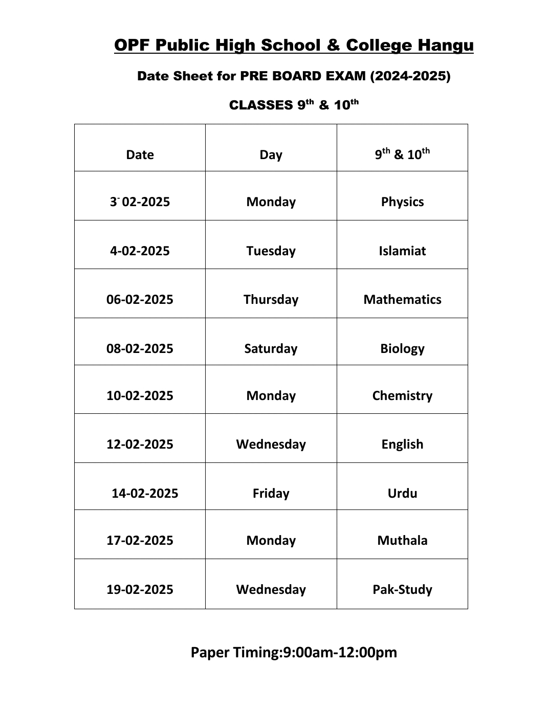 Date sheet Pre Board Examination IX-X